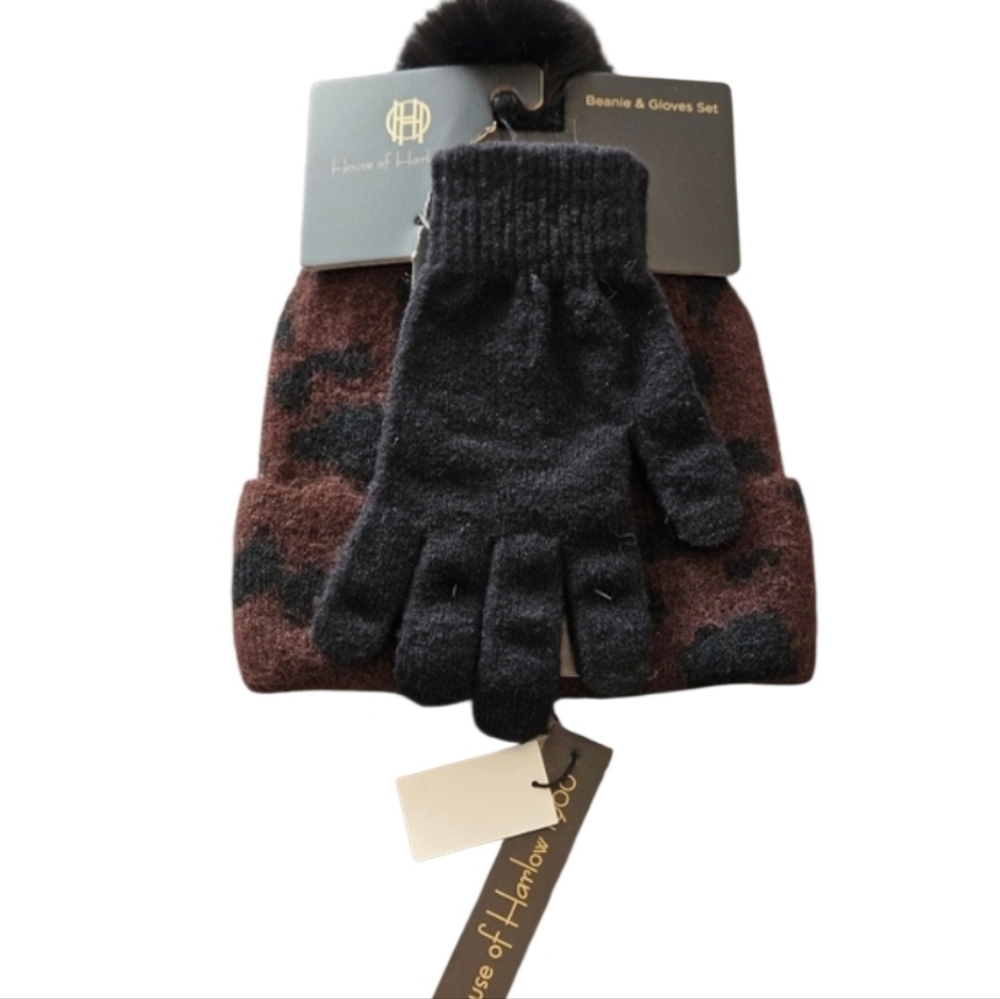 NWT House of Harlow 1960 Black and Brown Animal Print Hat & Black Glove Set